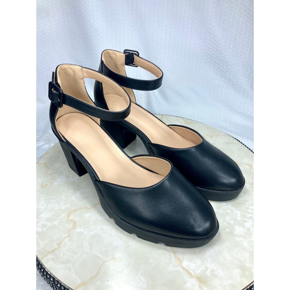 DADAWEN Block Heel Ankle Strap Platform Pumps Womens 9.5 Black Chunky Shoes NEW